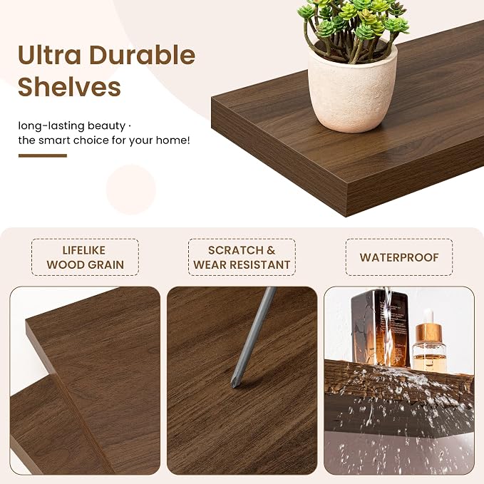 Square Floating Shelves for Wall, 10"W x 10"D x 1.25"H, 3 Packs Small Wall Mounted Engineered Wood Shelves with Invisible Brackets for Living Room, Bedroom, Bathroom, Kitchen Decor, Walnut