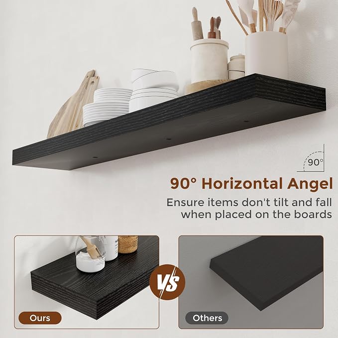 Heimlove 48 Inch Floating Shelves for Wall 8 Inch Deep Black Shelves Set of 2,Wall Mounted Rustic Wood Long Floating Shelf，Large Display & Storage Shelf with Invisible Brackets