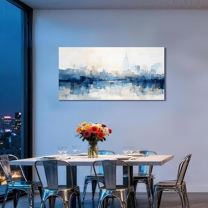 Acocifi NY Skyline Wall Art Abstarct Cityscape Canvas Painting 40"x20" | new york print for living room blue white NYC picture artwork framed for bedroom office home hallway wall decoration