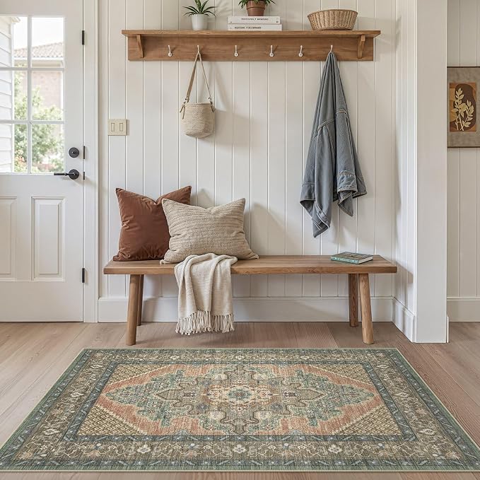 Tortania Area Rug Living Room Rugs - 3x5 Washable Rug Vintage Oriental Distressed Farmhouse Small Thin Indoor Carpet for Living Room Bedroom Under Dining Table Home Office - Sage Terracotta