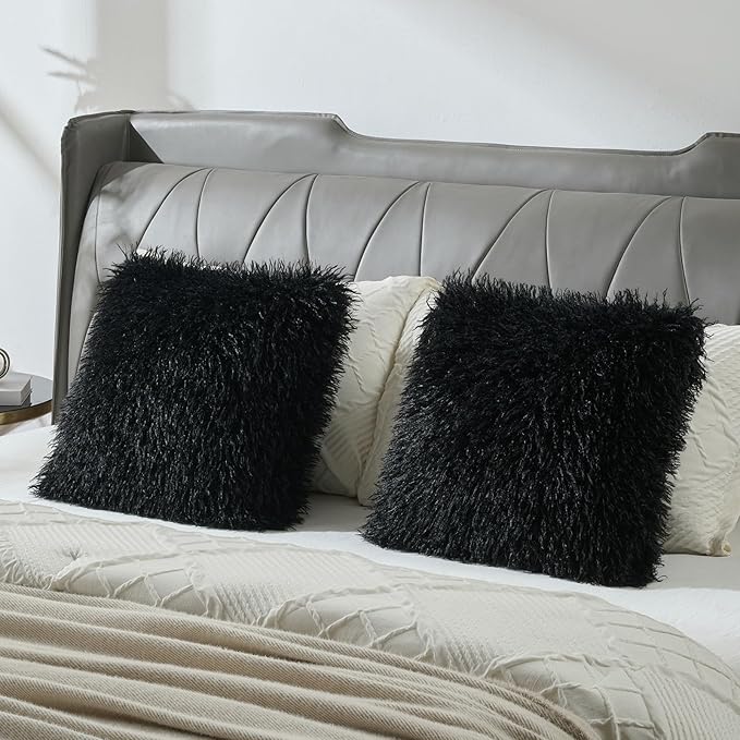 FUTEI Pack of 2 Shaggy Mongolian Faux Wool Throw Pillow Covers 18x18 Inch Soft Decorative Cushion Case for Couch Bed Living Room, Black