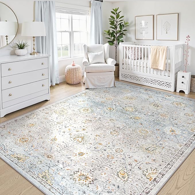 Lahome Flavie Boho Light Blue Area Rug 8x10 for Living Room, Soft Floral Rugs for Bedroom Aesthetic, Washable Floor Carpet Non Slip Indoor for Dining Room Home Decor (Blue/Grey)