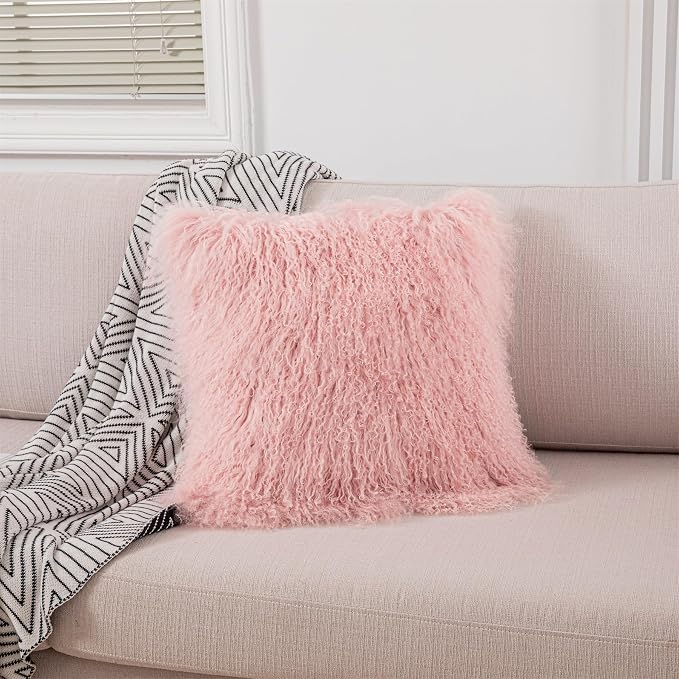 Real Tibetan Mongolian Lamb Fur Pillow Cover Sheepskin Wool Fur Decorative Throw Pillow Case Cushion Cover,Pink, 16''x16''