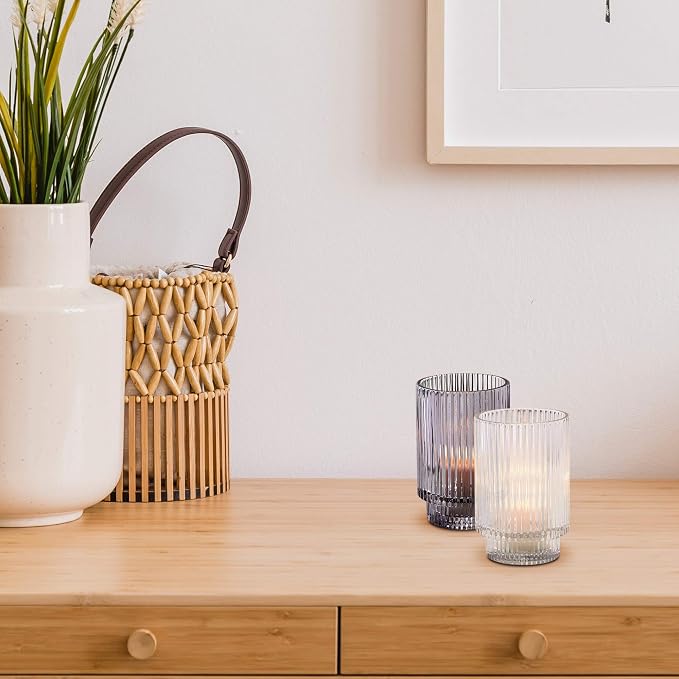 Serene Spaces Living Smoke Ribbed Glass Votive Holder, Perfect for Weddings and Home Décor, Measures 5" Tall and 3.25" Diameter