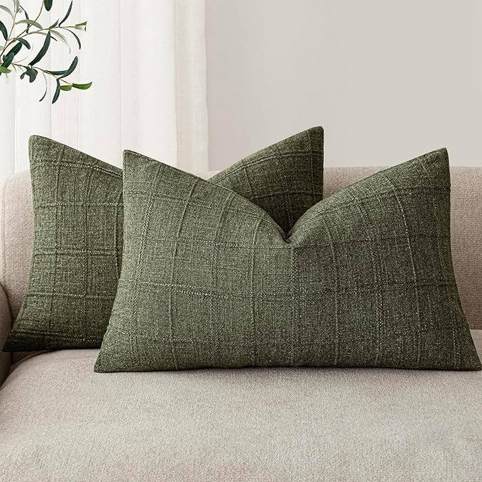 Foindtower Set of 2 Decorative Linen Check Throw Pillow Covers Neutral Farmhouse Lumbar Cushion Covers Modern Boho Home Decor for Sofa Chair Couch Bedroom Living Room,12×24 Inch,Olive Green