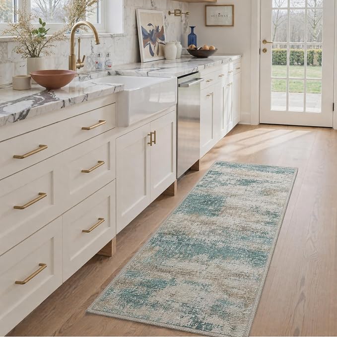 BEIMO 2X5 Runner Rug for Hallway Kitchen, Machine Washable Runners Rug for Entryway, Soft Modern Abstract Throw Rugs, Low Pile Floor Cover with Non Slip Backing, Dusty Teal Grey