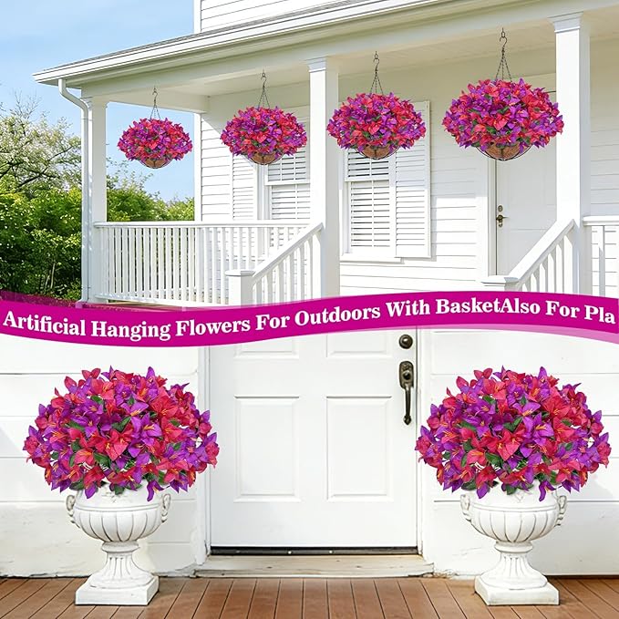 Artificial Fake Hanging Flowers Plants Basket for Outdoors, Faux Silk Bougainvillea in Planter UV Resistant Realistic Spring Summer Decoration for Outside Porch Patio Yard Home Decor (Purple Hotpink)
