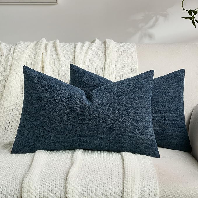 FUTEI Navy Blue Chenille Throw Pillow Covers 12x20 Inch Set of 2,Soft Striped & Diamond Textured Lumbar Pillow Cases,Modern Home Decor for Couch Living Room