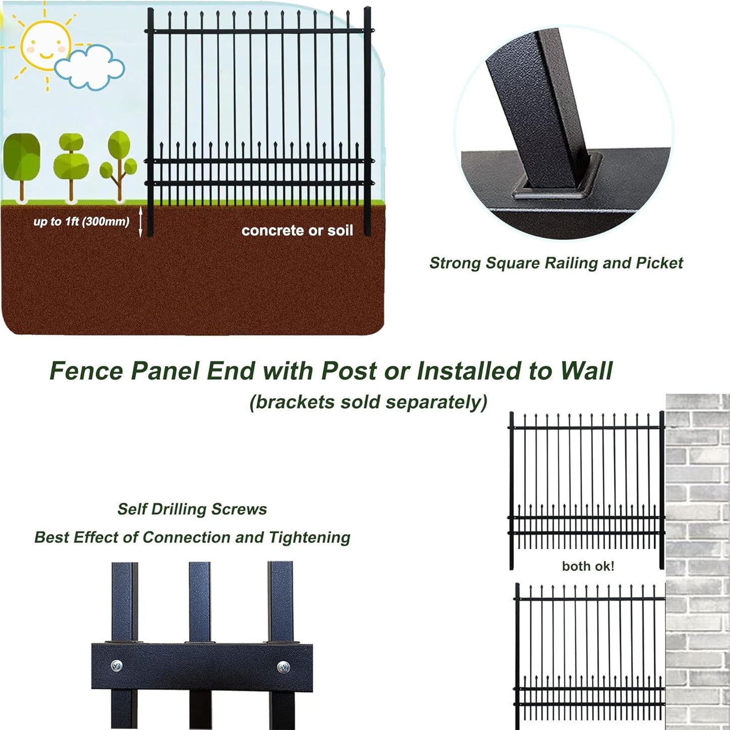 Metal Fence Panels with Dog Pickets, 6ft H x 6.5ft W Galvanized Steel Fence DIY Installation for Outdoor Garden Fence incl. 1 Fence Post, Wrought Iron Style Steel Fence, Black (Upgraded)