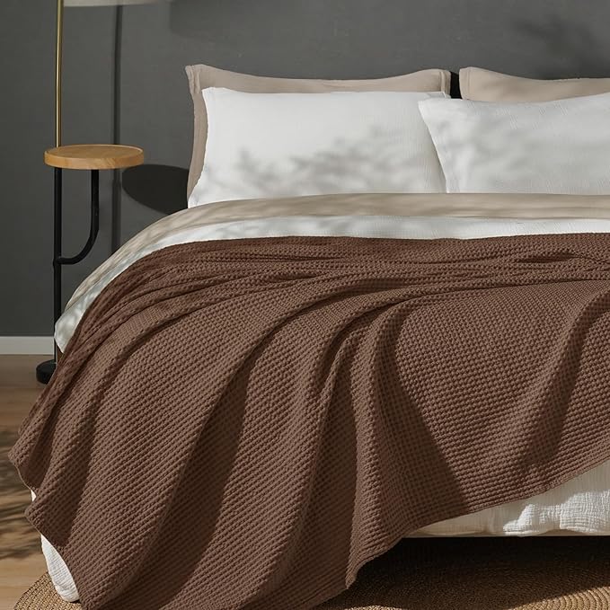 PHF Pre-Washed 100% Cotton Waffle Weave Blanket Twin Size for Bed,Snag Proof Throw Blanket for Couch Spring Summer Lightweight Breathable,Machine Washable, Home Decor Gift - Cappuccino