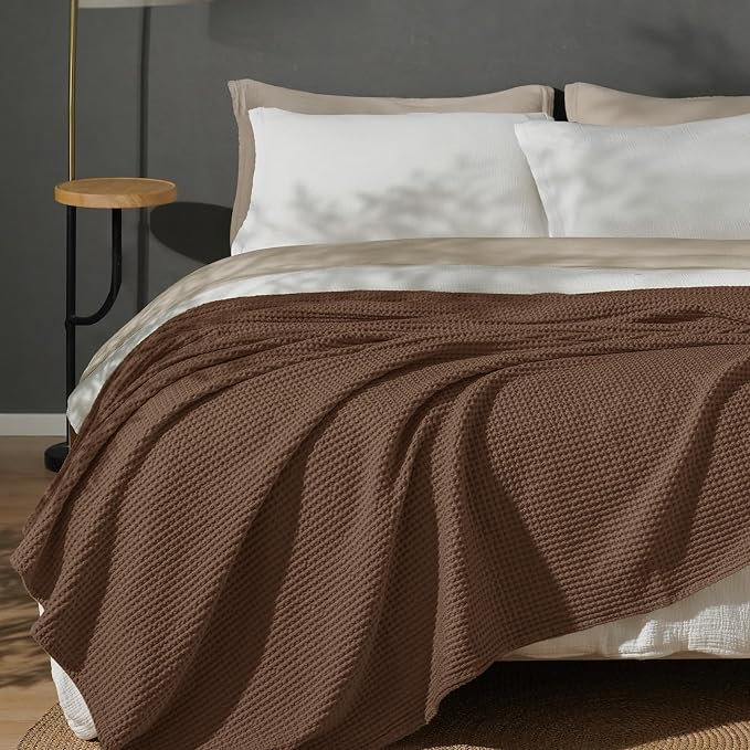 PHF Pre-Washed 100% Cotton Waffle Weave Blanket Queen Size for Bed,Snag Proof Throw Blanket for Couch Spring Summer Lightweight Breathable,Machine Washable, Home Decor Gift - Cappuccino