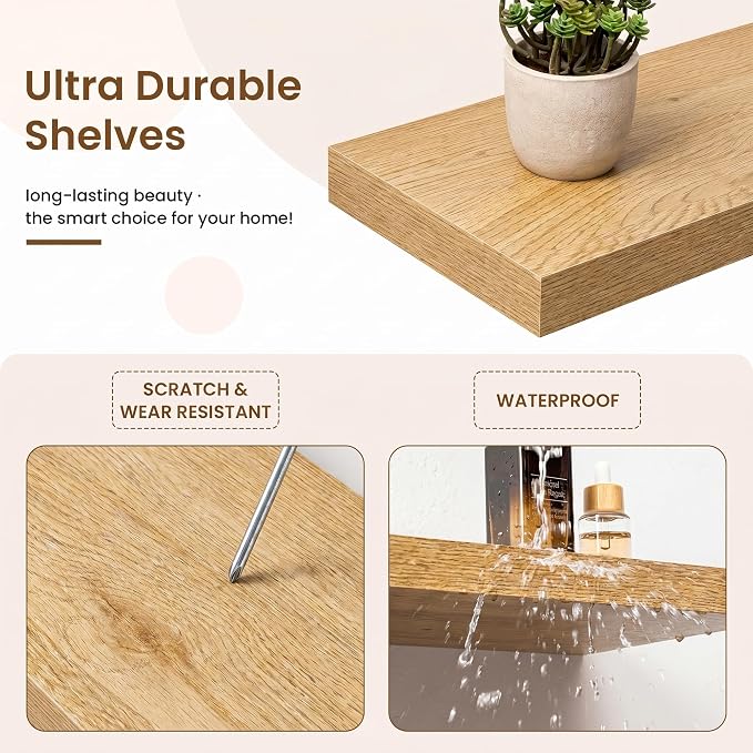 Marsmiles 55in Floating Shelves for Wall, 72" W x 9.25" D x 1.5" H, Long Wall Mounted Engineered Wood Shelves with Invisible Brackets for Living Room, Bedroom, Bathroom, Kitchen, Oak, 2Pcs