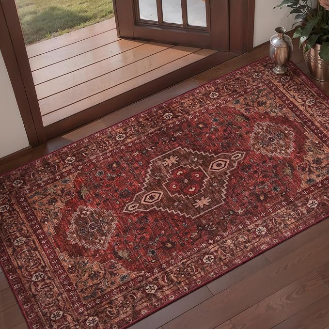 2x4 Washable Kitchen Rug Oriental Non Slip Small Rugs for Entryway Boho Front Door Mat Indoor Entrance, Vintage Print Throw Soft Low Pile Rugs Small Carpet for Entry Bedroom Bathroom Dark Red