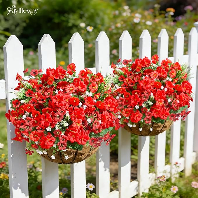 16 Bundles Artificial Flowers for Outdoors, UV Resistant Silk Faux Flowers for Outside Planters,Garden,Porch,Yard,Home Decor(Red)