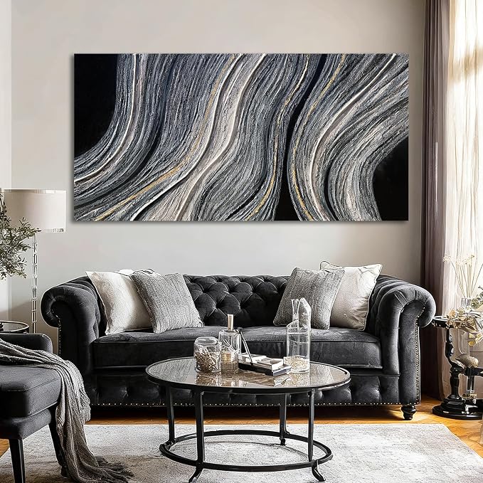 ZUNARE Modern Abstract Canvas Wall Art with Blue Gray and gold Linear Design, Minimal Tonal Artwork Creating a Peaceful Atmosphere for Bedroom Living Room Office Kitchen 24"x48"