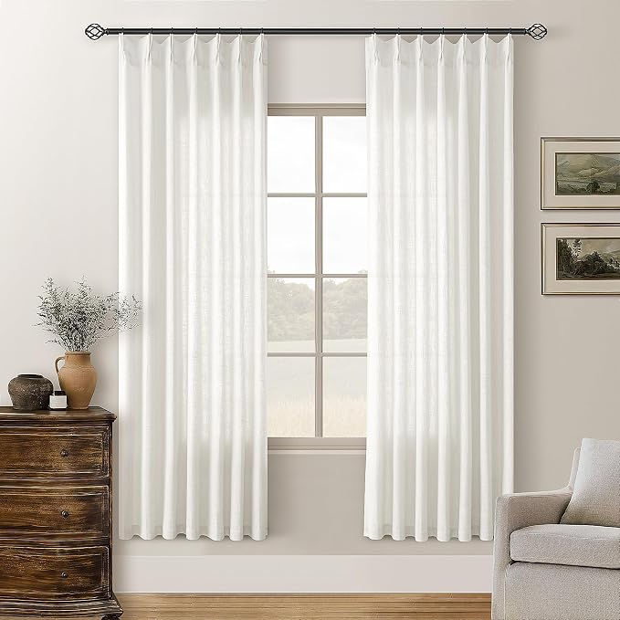 TWODRAPES 72 Inch Linen Curtains Pinch Pleated 2 Panels for Dining Room Bedroom Semi Sheer Pleat Drapes with Hooks Rings Light Filtering Short Window Curtain Cabit Closet Beige Ivory White 40x72