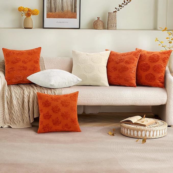 decorUhome Decorative Two Rust Pumpkins Thanksgiving Throw Pillow Covers 18x18 Set of 2, Soft Chenille Jacquard Farmhouse Textured Pillow Covers for Couch Bed Sofa Autumn Harvest Halloween Holiday