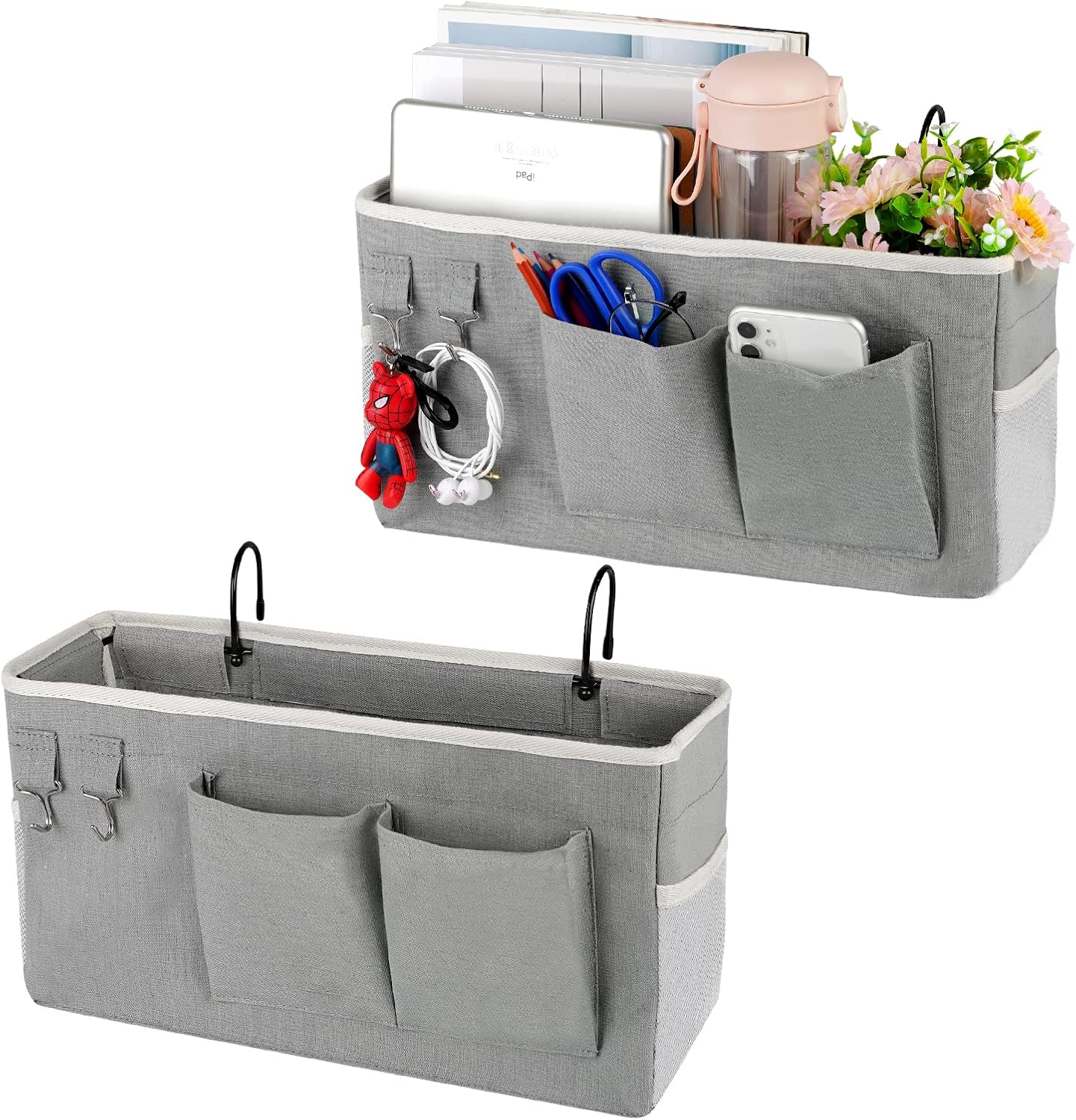 Bedside Storage Caddy/Bedside Hanging Storage Bag for Headboards Bunk Beds Dorm Rooms Book Phone Magazine Holder (2PC Grey)