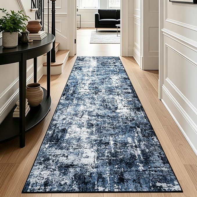 Rugflix 3x10 Runner Rug for Hallway, Washable Navy Blue Long Runners | Machine Washable; Stain-resistant; Low Pile; Non-slip; Modern Abstract; Black Carpet for Entrance Kitchen Hallway Home