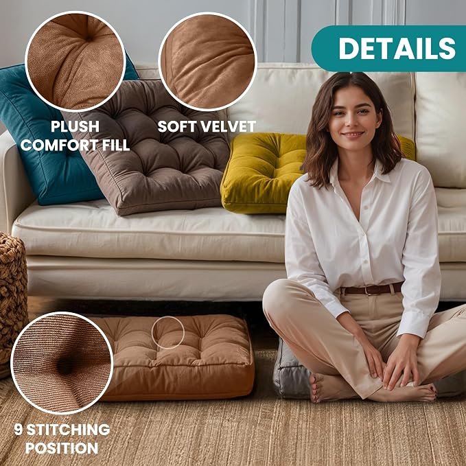 NEST & LOOM Floor Cushions - Floor Chair Pillow, Meditation Cushion, Square Large Floor Pillow, Solid Thick Tufted Floor Pillow - Beige - 21.65" x 21.65"