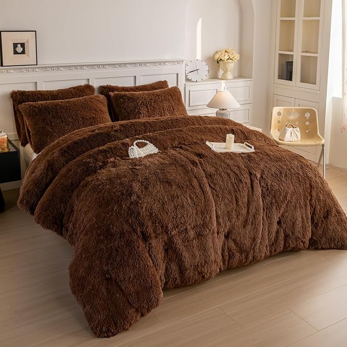 chovy Faux Fur Plush Coffee Comforter Sets Twin/Full Size - Ultra Soft Shaggy Flannel Velvet Fluffy Fuzzy 3PC Bedding Set （Comforter x 1 Pillowcases x 2）