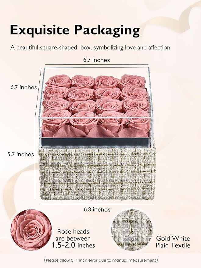 Eterfield Forever Flowers Preserved Roses Real Roses that Last Over a Year Rose Box Gifts for Her Mothers Day Valentines Day Christmas (Square Gold White Plaid Box, 16 Dusty Pink Roses)