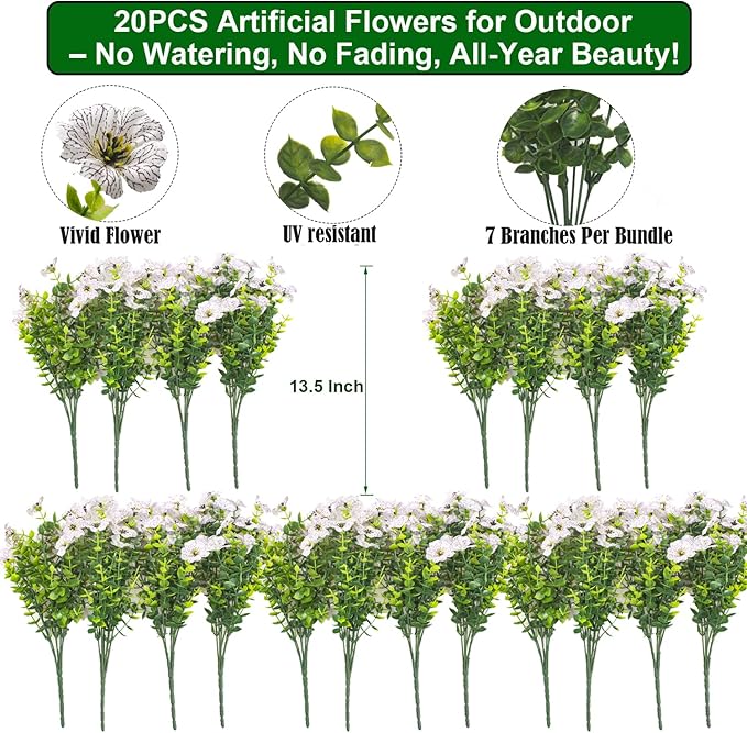 Grunyia 20 Bundles Artificial Flowers for Outdoors, UV Resistant Fake Plants Flowers Greenery Shrubs Plants for Decoration Outside Plants Hanging Planter Home Garden Decor (White)