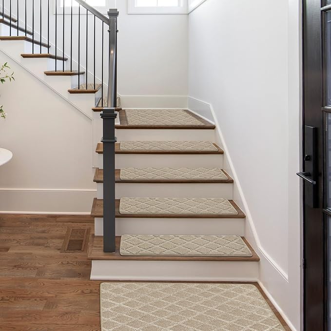 PURE ERA Carpet Stair Treads Tape Free Non Slip Indoor Stair Carpet Stair Protectors Pet-Friendly Non-Slip Skid Resistant Washable Reusable 8" x 30"(7 Pieces,Cream Gray Diamond Trellis)