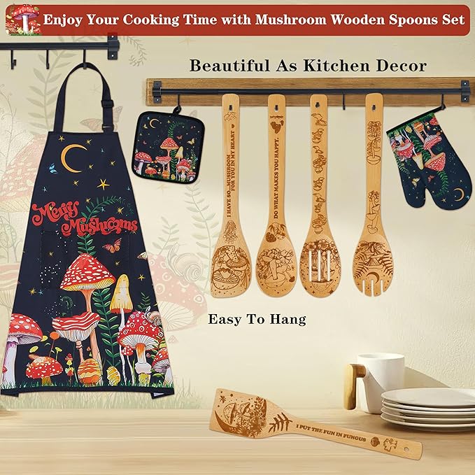 Mushroom Kitchen Decor Bamboo Cooking Spoon with Apron Oven Mitt Pot Holder Utensil Set -Mushroom Kitchen Accessories,Home Decorations Gifts for Women-Housewarming,Easter,Birthday Gift,8PCS