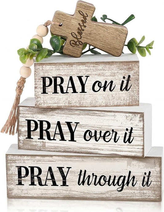 Moucuny 4 Pcs Christian Table Decor Wooden Cross Wooden Bible Verse Sign Inspirational Religious Christian Centerpiece Pray Block Signs Farmhouse Table Decoration for Mother's Day