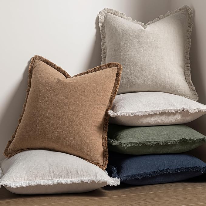 MIULEE Decorative Throw Pillow Covers Neutral Linen Fringe Throw Pillows Set of 2 Natural Beige Boho Farmhouse Cushion Cases with Tassels for Couch Sofa Bed Living Room Spring Decor 18x18 Inch