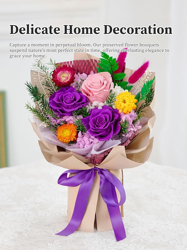 Forever Flowers Gifts for Mom, Mothers Day Preserved Flowers Bouquet Birthday Gifts for Her, Preserved Roses for Grandma Wife Anniversary Valentines Day Christmas (Purple Paper)