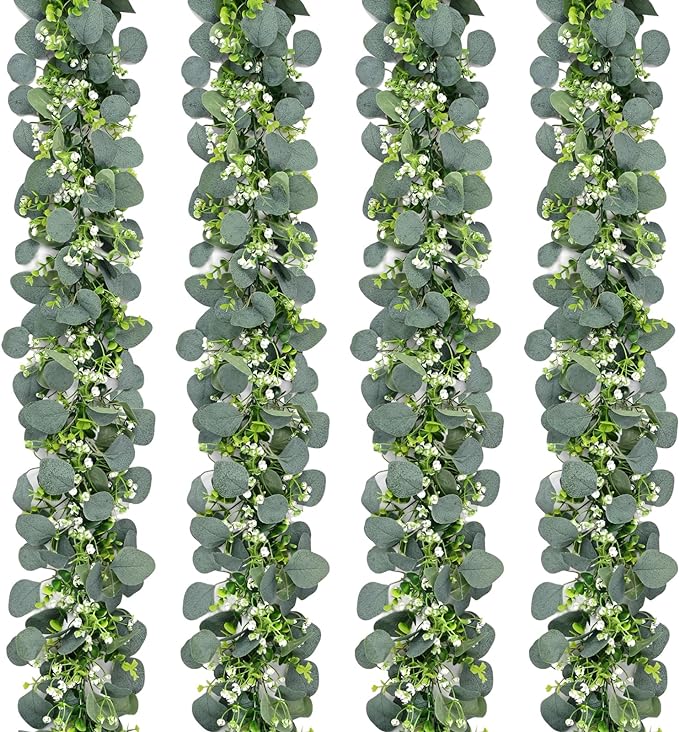Waipfaru 4Pcs Eucalyptus Garland, 5.9FT Greenery Garland, Green Garland with Flowers, Artificial Faux Silver Dollar Eucalyptus Leaves Vines for Table Home Wedding Mantle Party Indoor Outdoor Decor