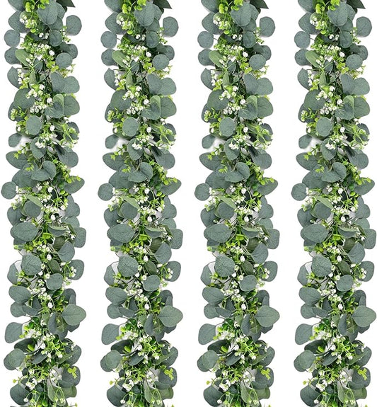 Waipfaru 4Pcs Eucalyptus Garland, 5.9FT Greenery Garland, Green Garland with Flowers, Artificial Faux Silver Dollar Eucalyptus Leaves Vines for Table Home Wedding Mantle Party Indoor Outdoor Decor