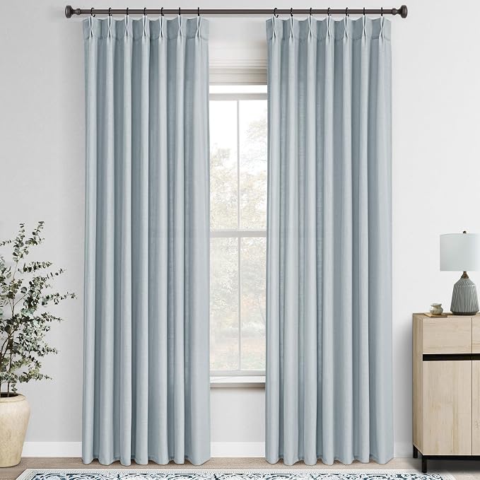 Light Blue Pinch Pleated Linen Curtains 120 inches Long with Clips and Hooks for Boys Bedroom Elegant Neutral Farmhouse Dusty Blue Semi Sheer Pleat Drapes Living Room 40"x120" 2 Panels Grey Blue