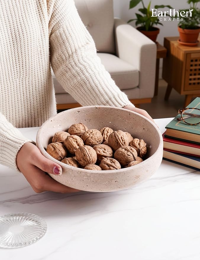 Marble Decorative Bowl 8" Inches Travertine Key Bowl for Entryway Natural Stone Fruit Bowl For Kitchen Counter, Serving Bowl For Coffee Table, Modern Home Centerpiece Decor