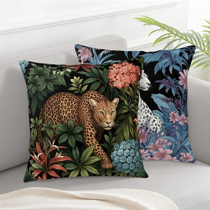 Leopard Pillow Covers Summer Tropical Cheetah Pillow Cases 22x22 Set of 2 Jungle Animal Print Throw Pillow Covers Floral Pink Daisy and Palm Leaves Cushion Cases for Sofa Porch