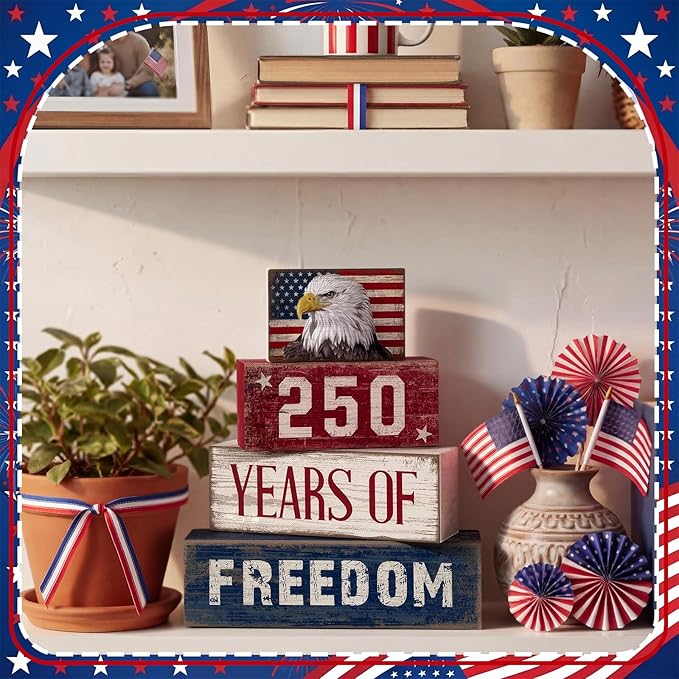 4 Pcs 250th Anniversary 4th of July Decorations USA Patriotic Memorial Day Tabletop Decorations Eagle Red White Blue Table Centerpieces American Flag Sign for Office Tiered Tray Home Shelf Party