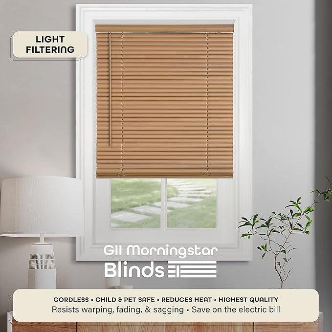 Cordless Light Filtering Mini Blind - 31 Inch Width, 72 Inch Length, 1" Slat Size - Woodtone - Cordless GII Morningstar Horizontal Windows Blinds for Interior by Achim Home Decor