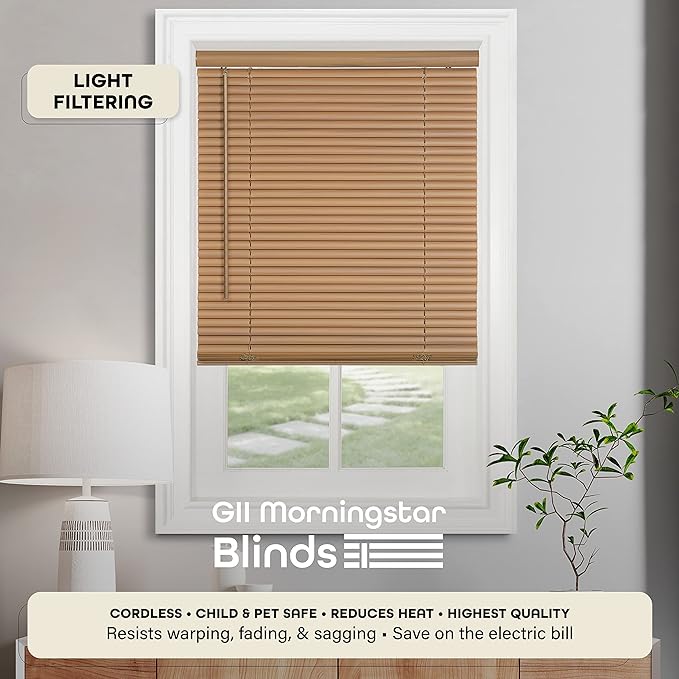 Cordless Light Filtering Mini Blind - 29 Inch Width, 72 Inch Length, 1" Slat Size - Woodtone - Cordless GII Morningstar Horizontal Windows Blinds for Interior by Achim Home Decor