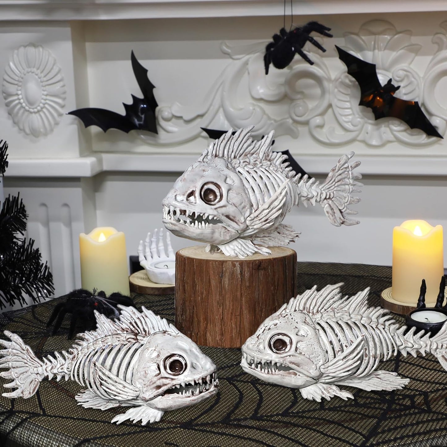 DR.DUDU 3 Pack Skeleton Fish Halloween Decor, Animals Skeleton Decorations Plastic Skull Fish Bones Figure Decor for Outdoor Indoor Bedroom Tank Party Props