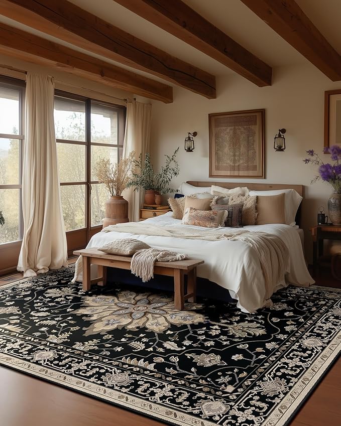 RELEANY Area Rugs 10'x14' Washable Non-Slip, Floral Vintage Distress Print Pattern Medallion Carpet for Living Room Bedroom Dining Room, Black Brown Neutral Dark Tan