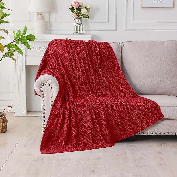 Douceur Christmas Red Throw Blanket for Bed, Soft Cozy Lightweight Stripe Pattern Knitted Throw Blanket for Sofa, Living Room Gift, 60"X80"