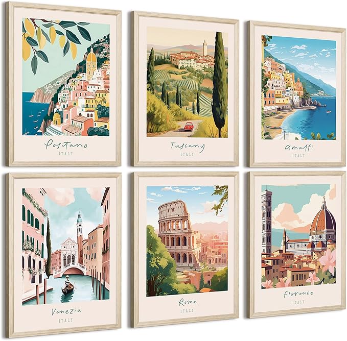 Italian Italy Wall Art Decor Amalfi Coast Travel Poster Italy City Canvas Wall Art Vintage Landscape Beach Painting Artwork Modern for Bedroom Living Room 8x10 Prints Wood Framed Set of 6