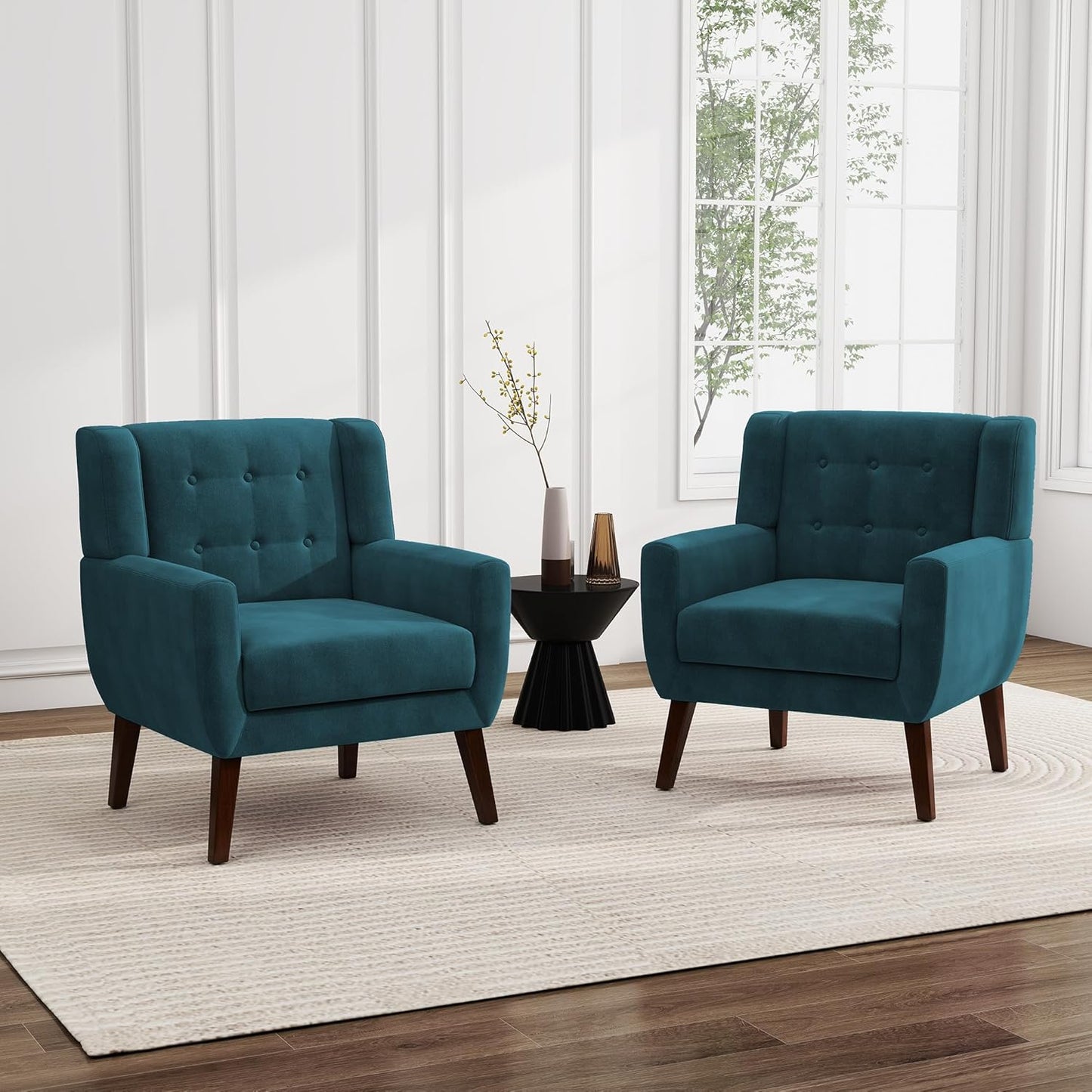 UIXE Accent Chairs Set of 2, Velvet Upholstered Armchair for Living Room, Modern Club Arm Chairs Comfy Single Sofa Button Tufted Bedroom Reading Seat - Blue