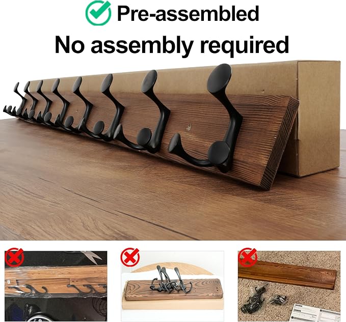 WEBI Coat Rack Wall Mount,43" Solid Wood Coat Hooks Wall Mounted Coat Hanger,16" Hole to Hole,Heavy Duty Hook Rack,8 Triple Hooks for Hanging Coats,Jacket,Hat,Backpack,Farmhouse,Brown