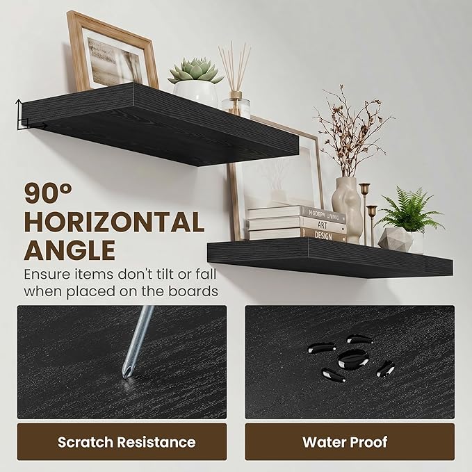Acovy 48 Inch Floating Shelves for Wall Set of 1,Rustic Wood 12" Deep Wall Mounted Shelves,Floating Shelf with Invisible Brackets for Kitchen,Bathroom,Living Room,Decor & Storage,Black