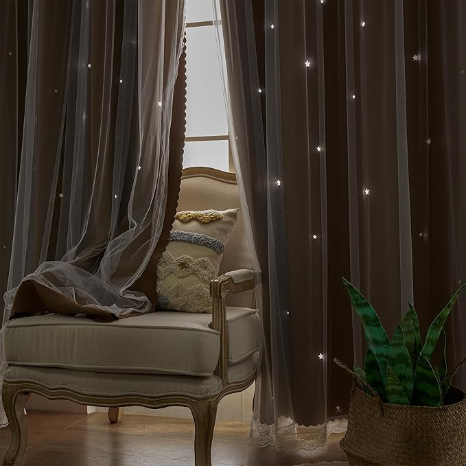 XiDi Black Out Curtains, Double Layer, Unicorn Pattern for Kids & Living Room - 84" Long, 2 Panel Brown