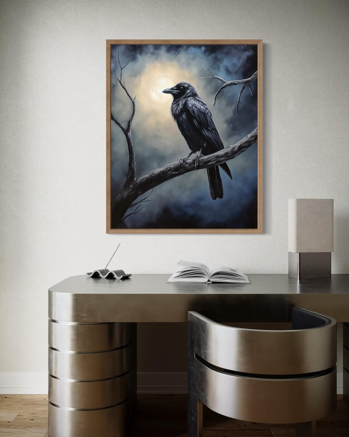 Crow under the Moonlight Poster Art Print, Halloween Scary Vintage Wall Art Academia Spooky Painting Decoration for Horror Prints, Gothic Posters Bedroom Decor 89 (Crow under the Moonlight, 11 x 14 inches, Wood Frame)