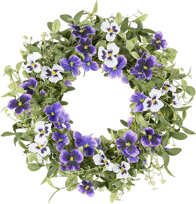 YNYLCHMX 18" Spring Summer Wreaths for Front Door, Artificial Floral Wreath with Purple Pansy Flowers Green Eucalyptus Leaves, Green Foliage Wreath for Wall Window Farmhouse Party Holiday Home Decor